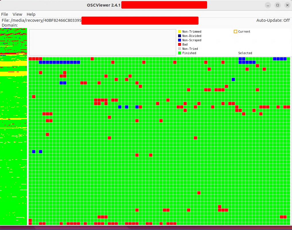 Display of the Logfile in OSCViewer with a lot of Green and Red dots of good and bad sectors.