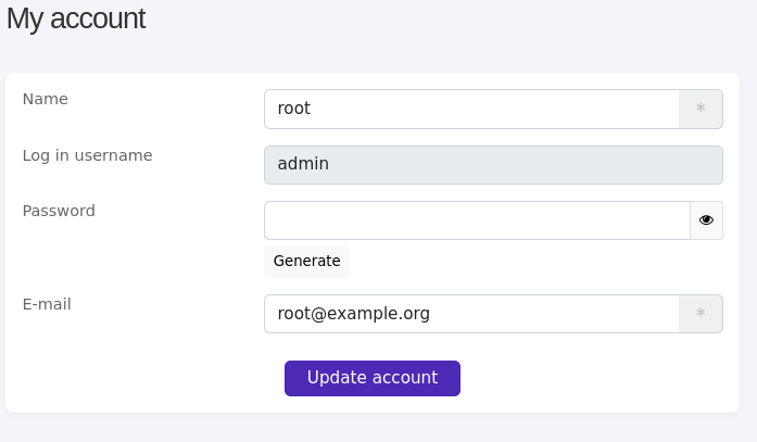 Screenshot of form to change user information including the password