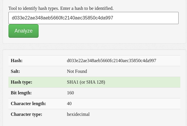 Screenshot of a hashanalyzer, which outputs the hashtype as SHA1