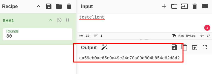 CyberChef Screenshot with a SHA1 Hash for the string “testclient”