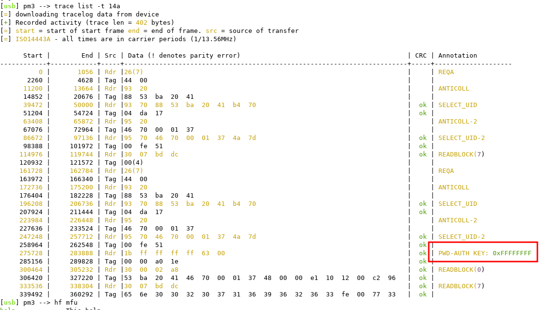 Trace of the NFC communication with the password for the chips highlighted in a red box