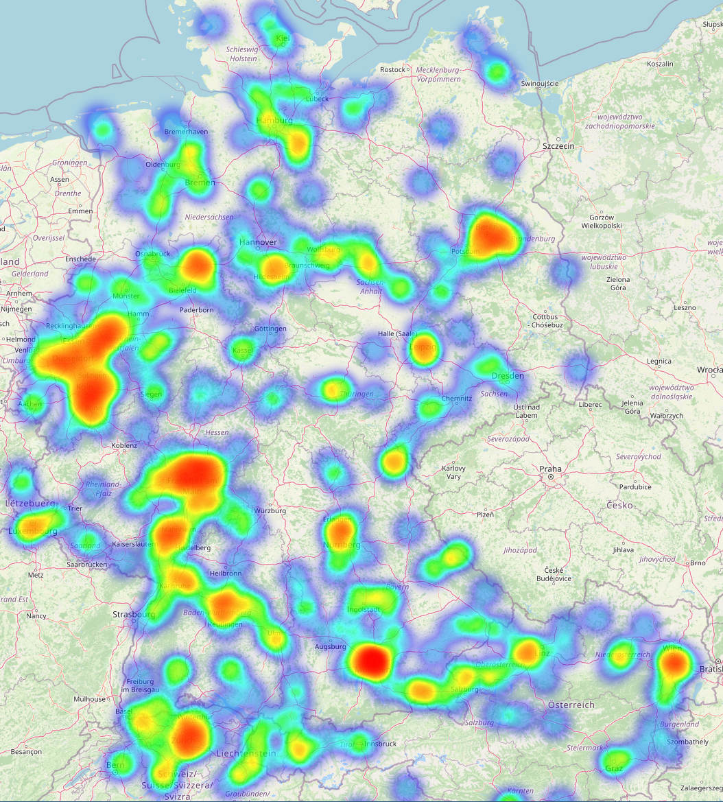 Heatmap of all Geolocation Data in Germany from the headphones usage