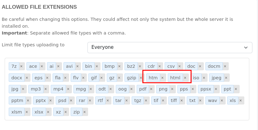 Screenshot of List of allowed Extensions