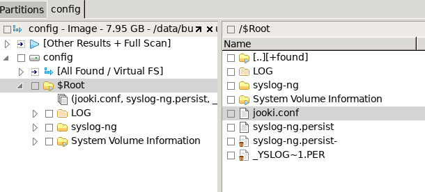 The image shows a screenshot of a file system explorer focused on a partition labeled ‘config’ from a 7.95 GB disk image. The explorer displays the folder structure within the ‘config’ partition. The main directory, labeled ‘$Root,’ contains several items, including folders named ‘LOG,’ ‘syslog-ng,’ and ‘System Volume Information,’ as well as individual files. Among the files listed are ‘jooki.conf,’ ‘syslog-ng.persist,’ ‘syslog-ng.persist-,’ and a file with a shortened name ‘_YSLOG~1.PER.’ The left pane provides a hierarchical view of the file system, showing the ‘config’ partition and its subdirectories, while the right pane displays the detailed contents of the ‘$Root’ directory.