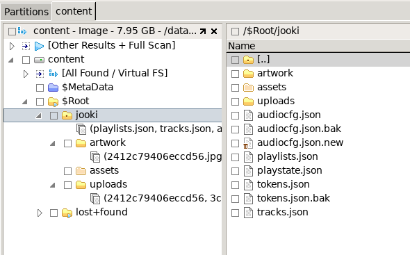 The image shows a screenshot of a file system explorer displaying the contents of a partition labeled ‘content’ from a 7.95 GB disk image. The file structure is focused on a folder named ‘$Root/jooki.’ The left pane shows a hierarchical view, highlighting folders such as ‘artwork,’ ‘assets,’ ‘uploads,’ and a system folder ’lost+found.’ The right pane displays the detailed contents of the ‘jooki’ folder, including files like ‘audiocfg.json,’ ‘audiocfg.json.bak,’ ‘audiocfg.json.new,’ ‘playlists.json,’ ‘playstate.json,’ ’tokens.json,’ ’tokens.json.bak,’ and ’tracks.json.’ Subfolders such as ‘artwork’ and ‘uploads’ contain additional files, including images like ‘2412c79406eccd56.jpg.’ The interface lists JSON configuration files and media files organized into subdirectories.