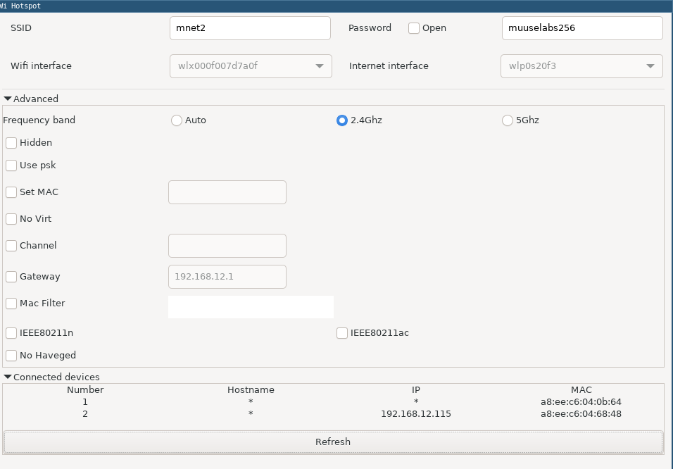 The image shows a Wi-Fi Hotspot configuration interface where the SSID is set to mnet2 and the password to muuselabs256