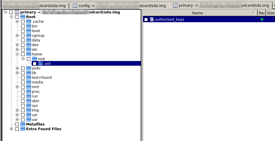 The image shows a file system explorer viewing the contents of a disk image named sdcard/sda.img. The left pane displays the hierarchical structure of directories, starting with the root (Root). Subdirectories include .cache, bin, boot, cgroup, data, dev, etc, home, root, jooki, lib, lost+found, and others. Within the root directory, the .ssh subdirectory is selected, and the right pane displays its contents. The .ssh folder contains a single file named authorized_keys. Additional sections in the hierarchy include Metafiles and Extra Found Files at the bottom of the directory tree.