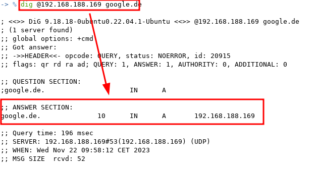 The image displays the output of the dig command used to query the DNS server at 192.168.188.169 for the domain google.de. The response indicates that the query was successful with no errors (status: NOERROR) and provides the answer in the ANSWER SECTION. Here, the domain google.de resolves to the IP address 192.168.188.169 with a time-to-live (TTL) value of 10 seconds. Additional details include the query time (196 milliseconds), the server IP (192.168.188.169#53), the protocol used (UDP), and the time of the query (Wed Nov 22 09:58:12 CET 2023). The total message size is 52 bytes.