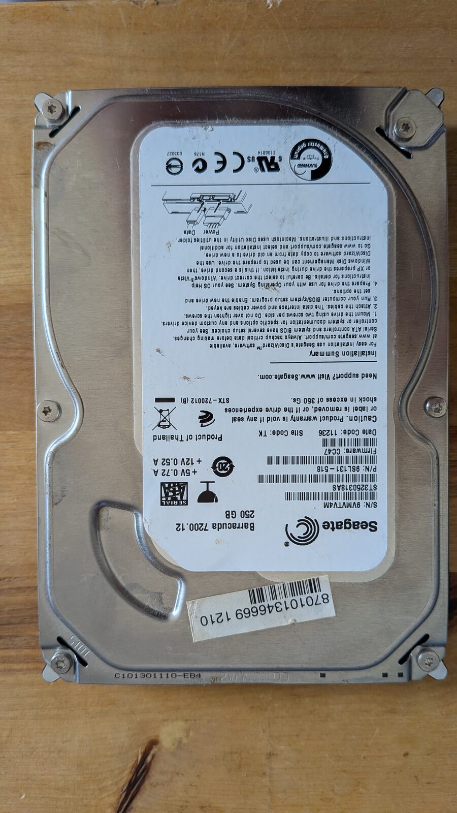 Seagate Barracuda 7200.12 250GB drive label, showing model ST3250318AS, firmware CC47, P/N 9SL131-518