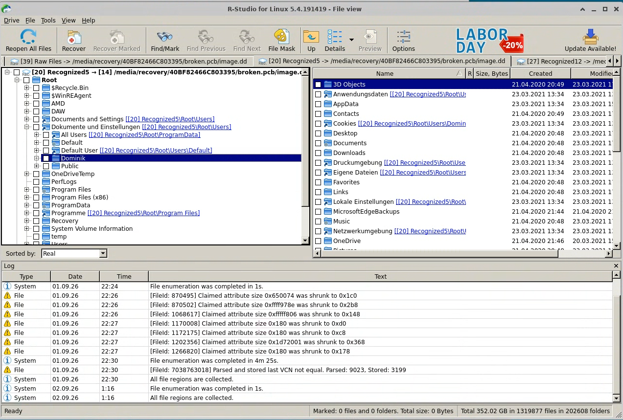 R-Studio&rsquo;s file browser showing a Windows user profile and folder structure recovered from the imaged drive