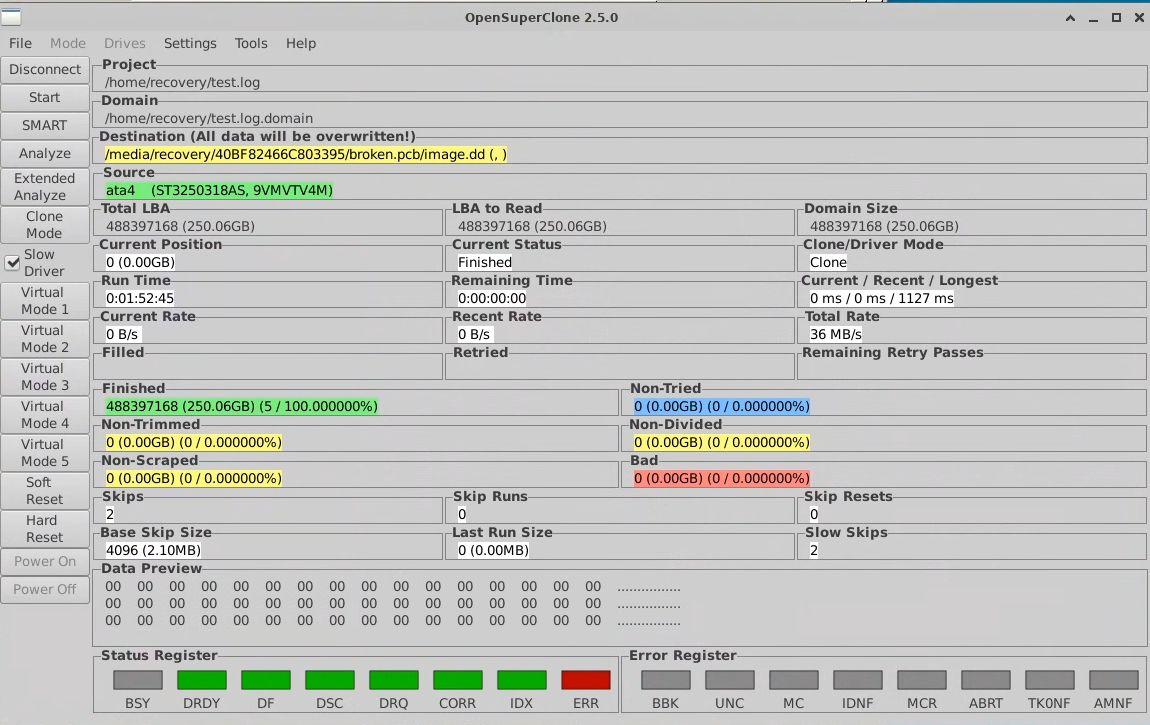OpenSuperClone showing a completed clone at 100.000000% with zero bad, zero non-tried, and zero non-scraped sectors, running at 36 MB/s